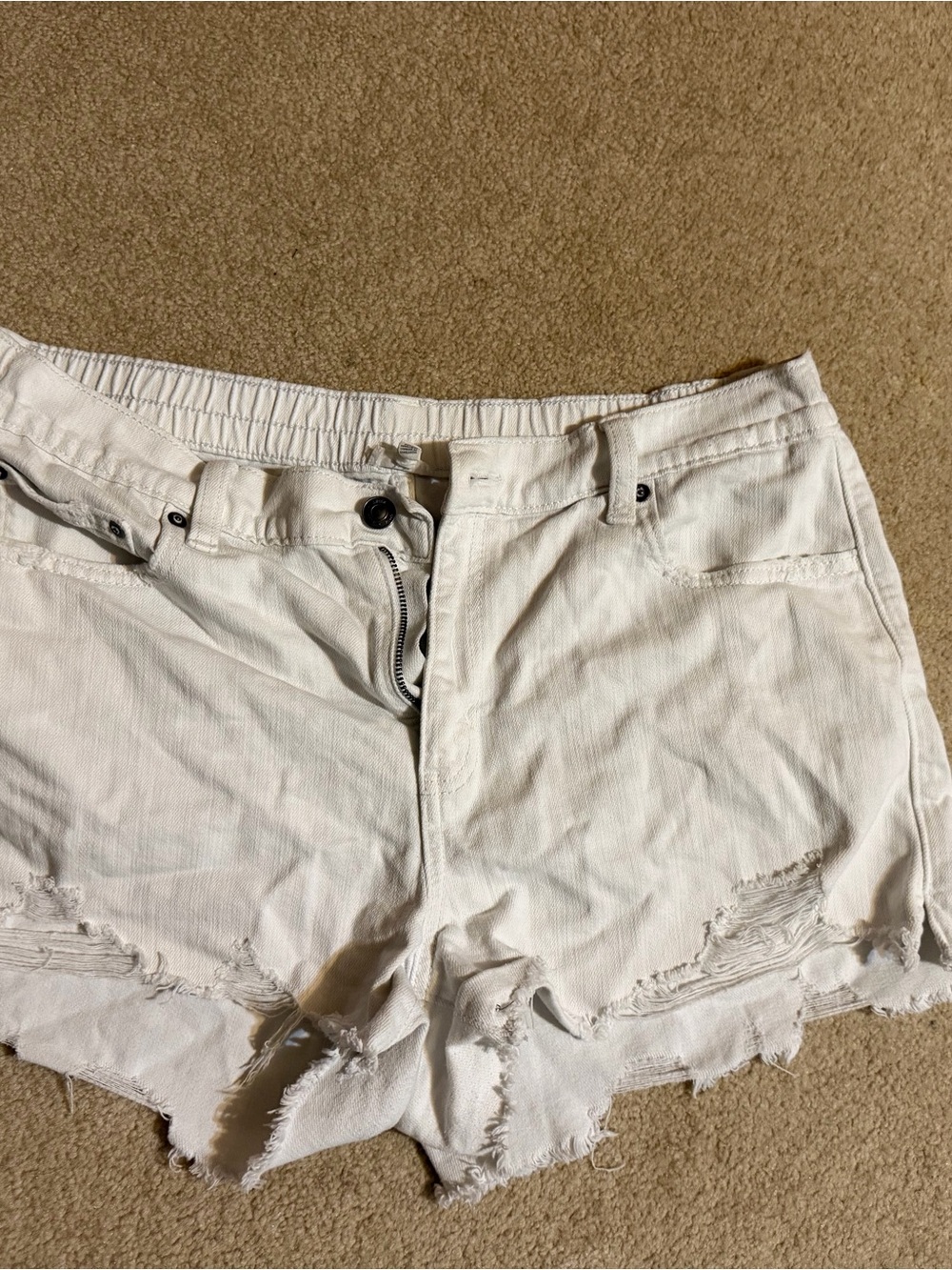 aerie White Distressed Frayed-Hem Denim Shorts